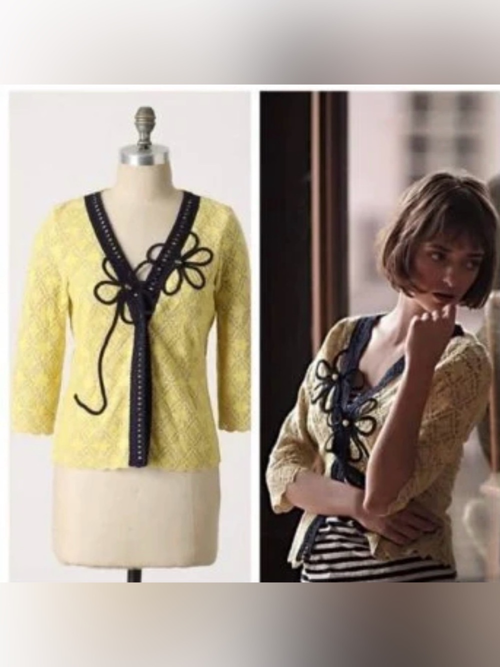 Anthropologie Field Flower Yellow Floral Lace Knit Cardigan with Navy Trim Sz M